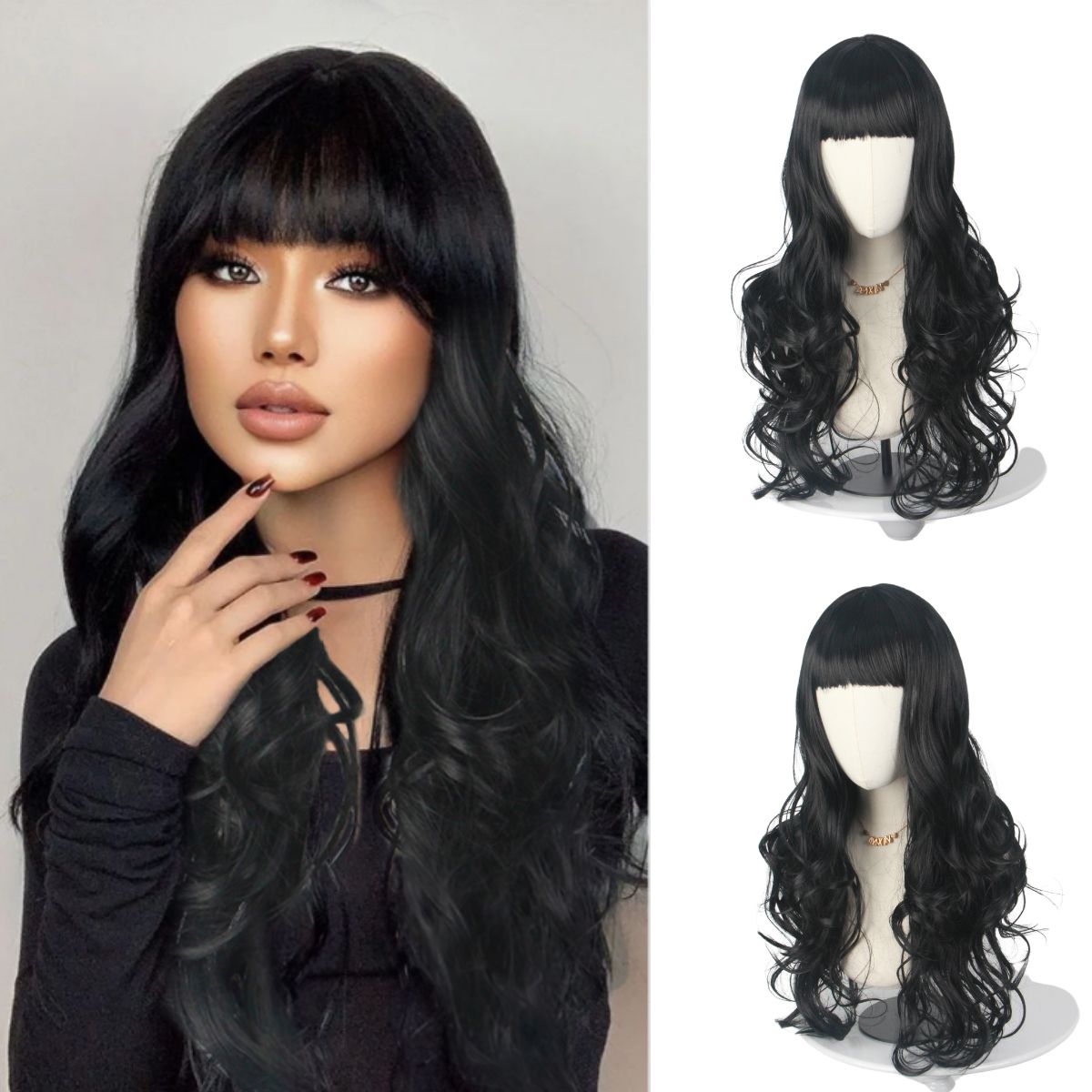 Japanese Daily Lifestyle - Black Long Curly Hair with Bangs,