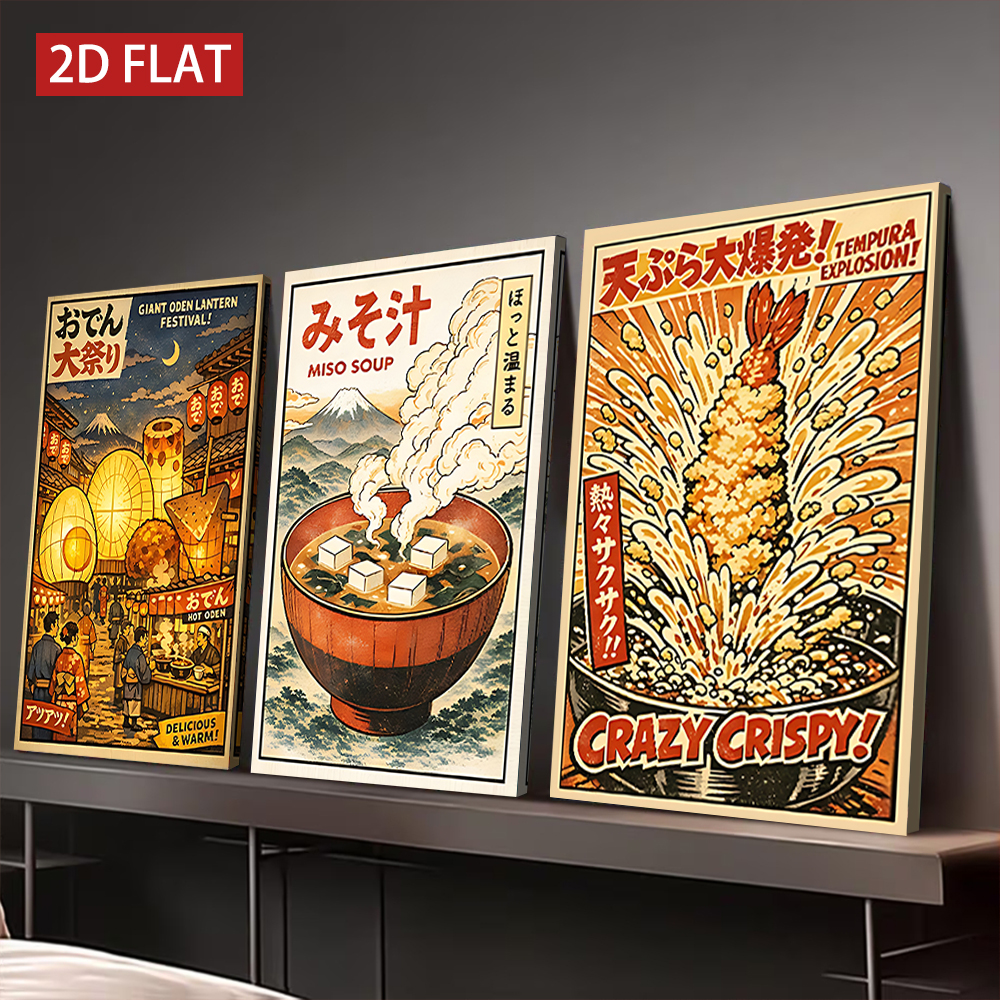Japanese Lifestyle And Food - 3 Counts Wooden Framed Canvas Painting,
